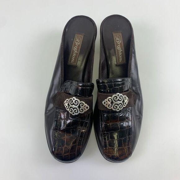 Brighton Avery Heel Mule Brown Croc Leather Slip On Medallion Round Womens 7.5 - Picture 5 of 14